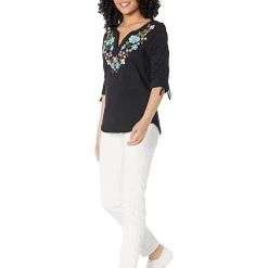 Roper Cotton Slub Jersey Knit Split V-Neck Top with Crewel Embroidery on Sleeves | Shirts & Tops -Southern Tide Shop 61x qeTJmL. AC SR736920