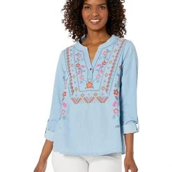 Roper Split V-Neck Cotton Denim Shirt w/ Floral Crewel Embroidery | Shirts & Tops