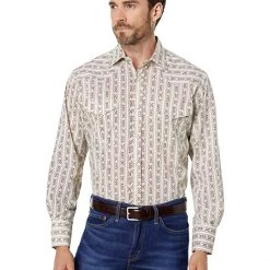 Roper Cotton/Poly Cream & Brown Wallpaper Stripe Western Shirt w/ Snaps | Shirts & Tops