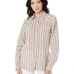 Roper Cotton/Poly Cream & Brown Wallpaper Stripe Western Blouse w/ Snaps | Shirts & Tops