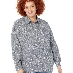 Roper Plus Size Cotton/Poly Navy & Cream Floral Print Western Blouse w/ Snaps | Shirts & Tops